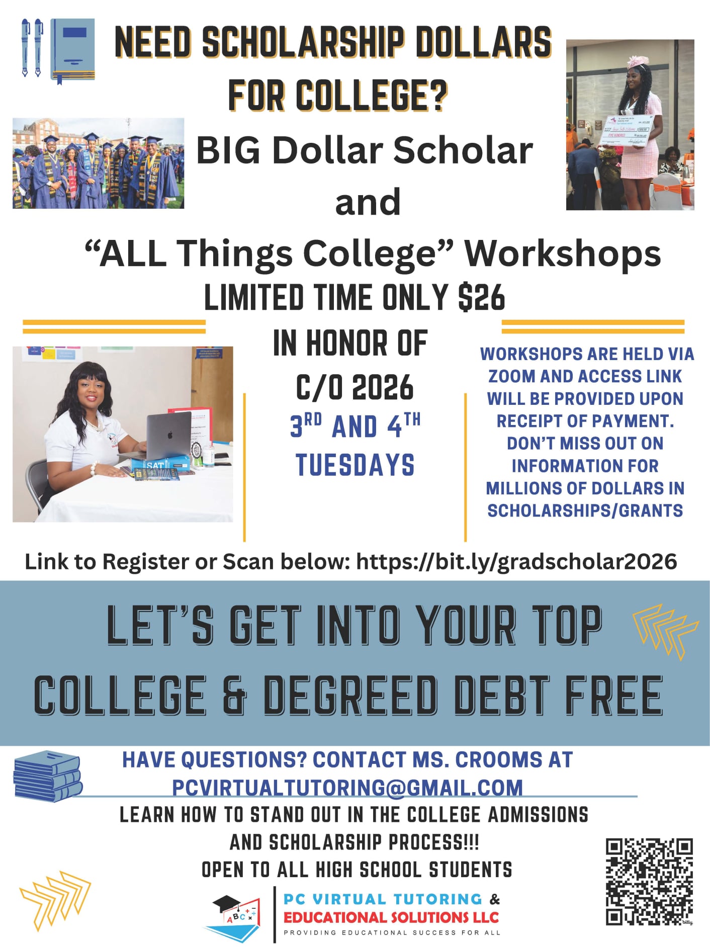 Big Dollar Scholar and All Things College Workshops flyer — Spring 2026